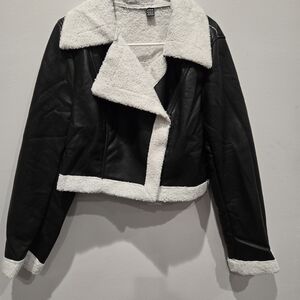 Women’s Black Faux Leather Jacket with Cream Sherpa Trim
